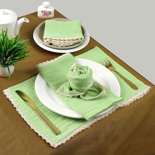Image of FINGERCRAFT Cloth Napkins Set of 8, 20x20 Inch, Soft Cotton Muslin Dinner Napkins with Lace Edge, Reusable Washable Table Napkins for Wedding, Party, Dining & Home Decor (Lettuce Green)