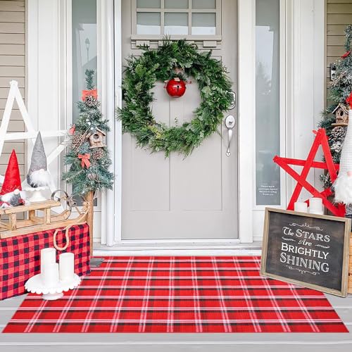 Ckorzen Red Green and White Plaid Rug,3' x 5' Christmas Front Porch Outdoor Rug, Handwoven Cotton Washable Rug for Layered Door Mats, Holiday Entryway and Home Décor