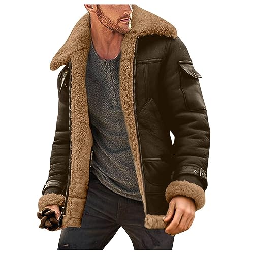 Sherpa Lined Leather Jacket Men Suede Shearling Lapel Casual Vintage Overcoat Thicken Winter Thermal Work Cargo Coats