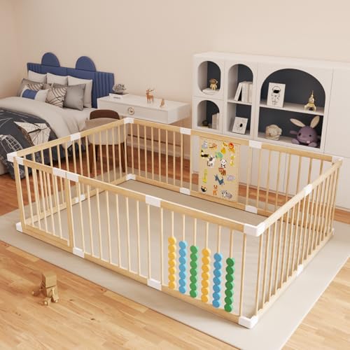 Image of Wooden Baby Playpen,Adjustable Wooden Babies Play Pen,Portable Fence for Babies,Baby Playard Area Indoor,Easy to Assemble and Clean Toys Fence(78x53x24 Inch)