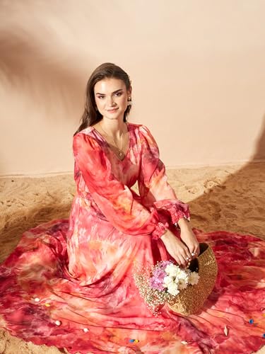 Image of Miss Chase Women's Multicolored-Base-Brown Relaxed Fit Maxi Lurex Chiffon Dress