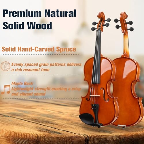 Image of Mendini By Cecilio Violin 4 /4 Full Size For Beginners - Fiddle Solidwood Kit with Hard Case - Acoustic Violins with Bow, Rosin, Tuner, Extra Strings & Bridge, Shoulder Rest and Lesson Book (Varnish)
