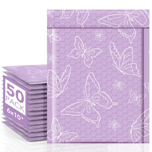 Metronic Bubble Mailers 6x10 Inch 50 Pack Purple Butterfly Padded Mailers