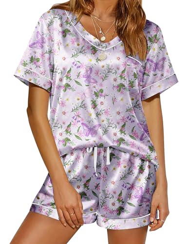 Image of Ekouaer Silk Pajama for Women Short Sleeve Satin Pj Set Two Piece Soft Sleepwear Loungewear S-XXL