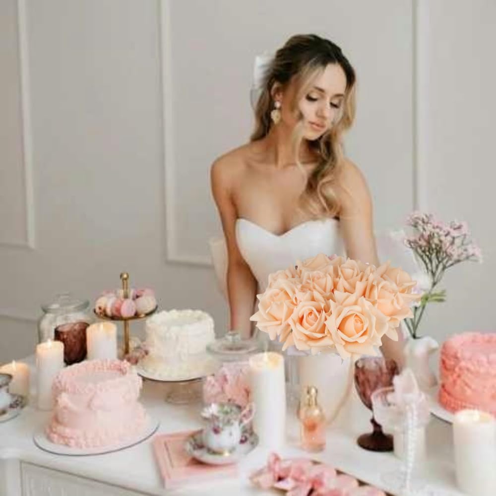 Cream Roses 10pcs Fake Roses -Realistic Wedding Flowers- Perfect Home Decor Bouquet for Party Home Office Christmas Decor - Champagne Roses - Image 2