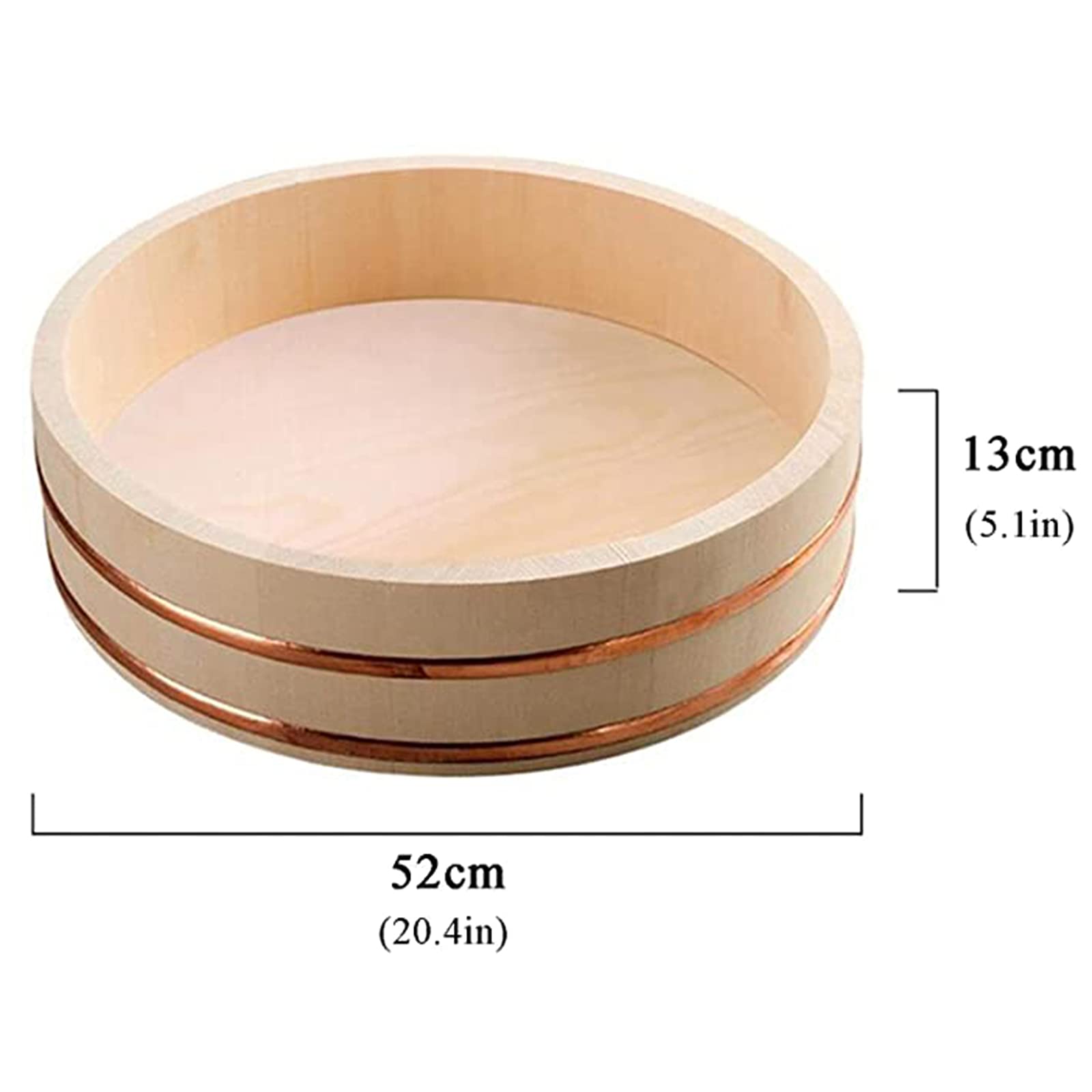 Große WoodenSushi Oke Reis-Rührschüssel mit Kupferbändern, 52 cm, perfekt für Sushi-Restaurants und Hobbyköche