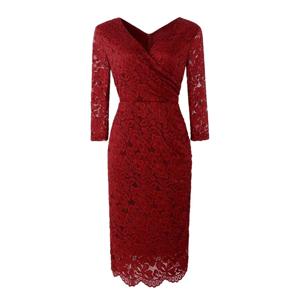 Amazon.com: PNAWLLCF Red Elegant Lace Office Ladies Pencil Dress Vintage  Women's V-Neck 3/4 Long Sleeve Slim Tight Dress(Medium) : Clothing, Shoes &  Jewelry