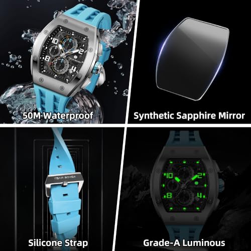 Image of TSAR BOMBA Men's Luxury Quartz Watch, Luminous Dial 5ATM Water Resistance Silicone Strap Men's Wristwatch Ideal Gift for Men
