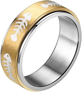 INRENG 8MM Stainless Steel Spinner Ring for Men Women Anxiety Relief Fidget Rings Band Fish Bone Engraved