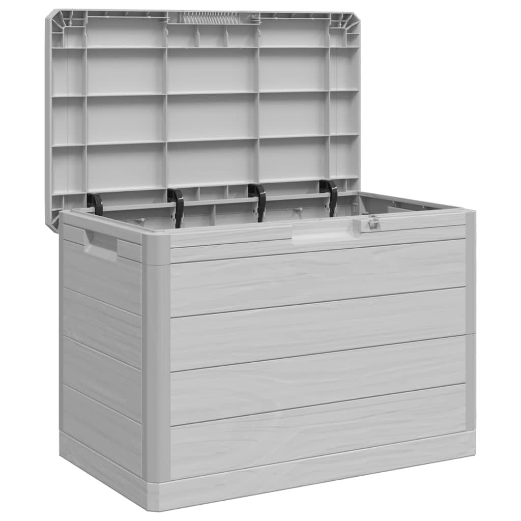 Outdoor-Kissenbox Grau 77,5x44,5x53 cm Polypropylen Aufbewahrungsbox mit abschließbarem Deckel und Holzoptik für Garten Terrasse Lagerung