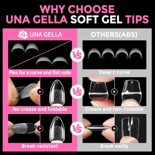 Image of UNA GELLA Almond Nail Tips, 216pcs Pointed Almond Gel Nail Tips Pre-shape Half Matte Full Cover Clear Acrylic Soft Gel Fake Nails for Nail Extension Nail Art 12 Sizes