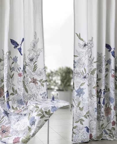 Image of Tranquebar Curtain Co. Window Curtains 6 Feet, 60-65% Room Darkening, Blue Floral & Bird Print, Cotton Curtains for Window, Cotton Curtains 6 Feet Long Set of 2, BackTab Loops, Dia (183 cm) - Set of 2