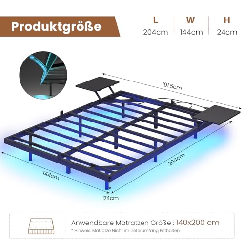 AOGLLATI Bettgestell 140x200 Bett 140x200 aus Metall mit LED Beleuchtung und Ladestation Schwebender Bettrahmen mit Aufbewahrungsregalen Metallbett mit Lattenrost Doppelbett Schwarz (Ohne Matratze) – Bild 3
