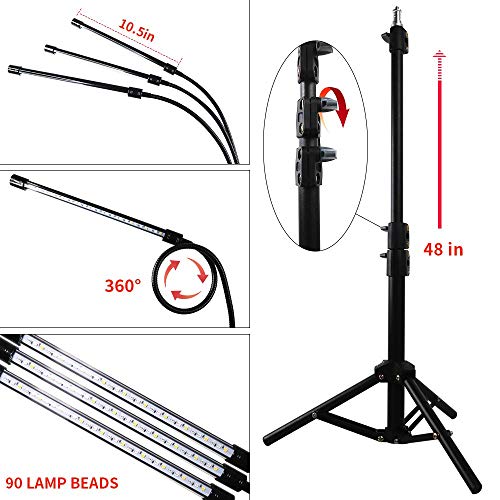 Grow Light with Stand,GHodec Tri-Head 60W Floor Plant Lights for Indoor Plants, Tripod Stand Adjustable 15-48 in,3/9/12H Timer & 3 Modes