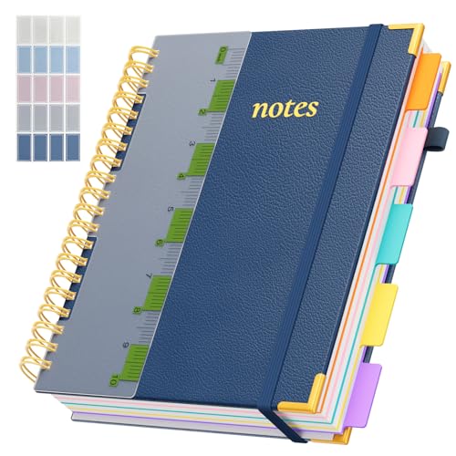 XYark A4 Hardcover Spiral Notebook, 8.5"x11" College Ruled Notebooks with Removable Divider Tab & Ruler, 5 Subject Notebook 300 Pages, Large Lined Journal for Women Men School Work Office, Noble Blue