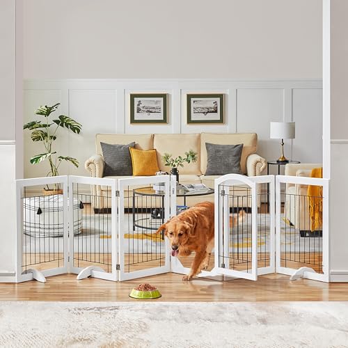 Image of Yaheetech 32-inch Tall Dog Gate with Door Extra Wide Pet Gate for Dogs, Foldable Wire & Wooden Puppy Safety Fence w /3 Support Feet,Freestanding Dog Gate for The House, Doorway, Stairs(White,6 Panels) | Sturdy Construction, Durable Support Feet, Tool-Free Setup, Fold Flat Barrier Ideal for Small /Medium Dogs, White