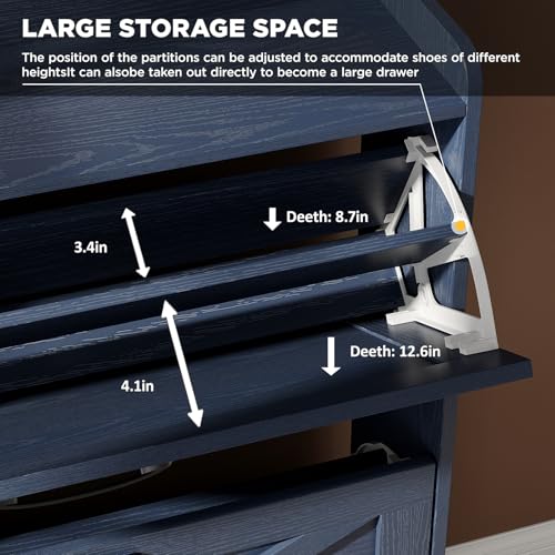 Image of Maupvit Shoe Storage Cabinet with 2 Flip Drawers, Freestanding Shoe Organizer with Metal Legs for Entryway, Narrow Shoe Rack Cabinet, Blue