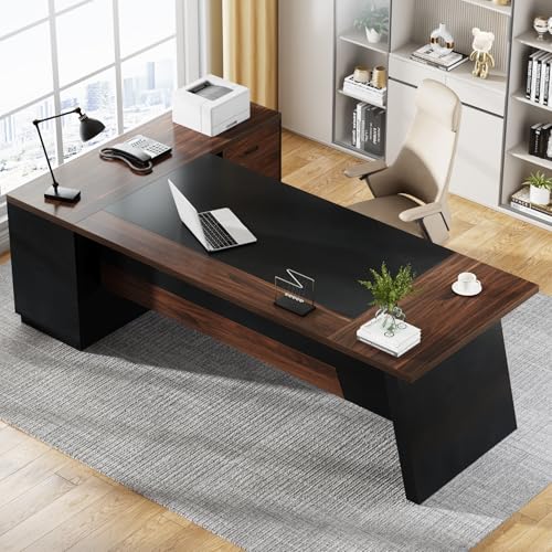 Image of Tribesigns 78 inch L-Shaped Executive Desk, Large Office Desk with Drawers and File Cabinet, Modern Business Furniture for Home Office (Walnut & Black)