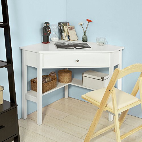 Haotian Fwt31-W, White Corner Desk, Triangle Computer Desk With Drawer And Shelf, Home Office Desk, Computer Workstation #TOP1