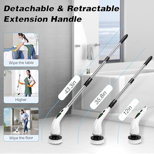 Image of Electric Spin Scrubber,Cleaning Brush with 9 Replaceable Brush Heads and 1 Rubber Squeegee Broom,3 Adjustable Size, 2 Speeds for Bathroom Shower Bathtub Glass Car