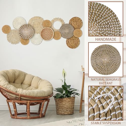 Xuhal 15 Pcs Boho Wall Basket Decor Handcrafted Seagrass Woven Wall Basket Rustic Round Woven Hanging Art for Home Farmhouse Kitchen Table Living Room(Fresh Style) - Image 5