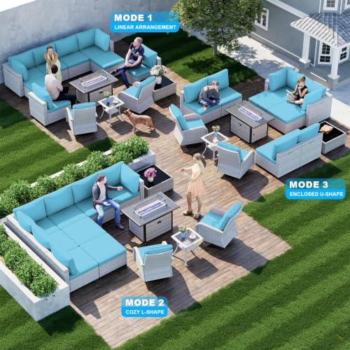 Image of Outdoor PE Wicker Rattan Modular Patio Sectional Sofa Set | 13-PC: 6 Modular Seats, Coffee Table, Swivel Rocking Chairs, Side Table, Ottomans & 55,000 BTU Fire Pit Table, Lake Blue