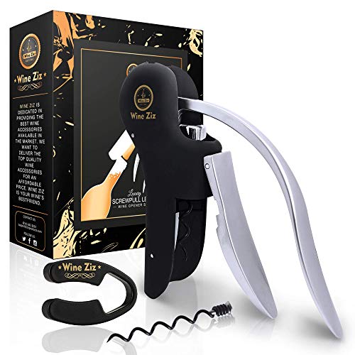 Wine Ziz Black Screw-pull Lever Corkscrew Wine Bottle Opener Set with Bonus Foil Cutter Tool and Extra Spare Corkscrew Spiral Heavy-Duty Metal Rabbit Manual Cork Screw Best Wine Gift Kit