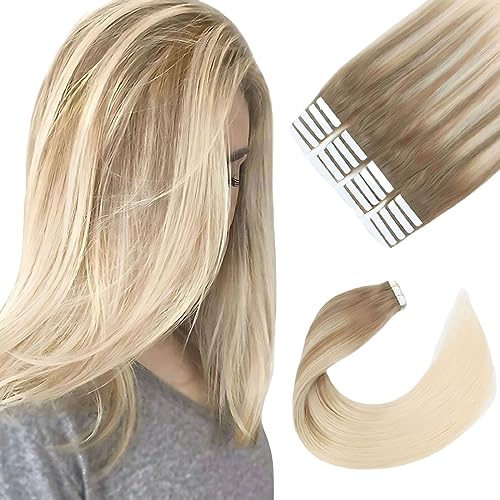 Image of Sixstarhair Balayage Hair Extensions Tape In With Double Sided Tapes Remy Human Hair Tape In Hair Extensions Balayage Ash Brown Fading to Ash Blonde [B8-60 22inch]