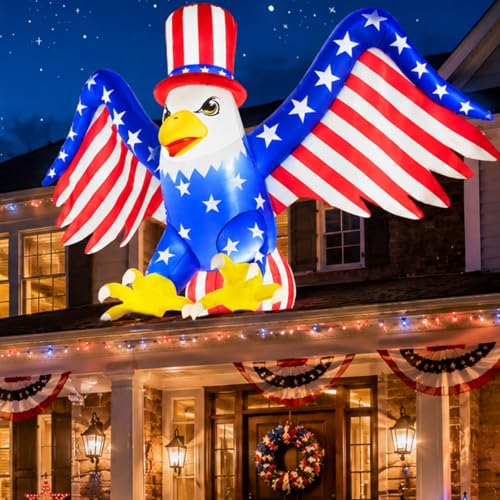 4th of July Inflatable Eagle Decorations 6FT Bald Eagle Blow up Patriotic Inflatables Outdoor Decoration with LED Lights Memorial Independence Day Blowup Decor for Yard Lawn Garden Party