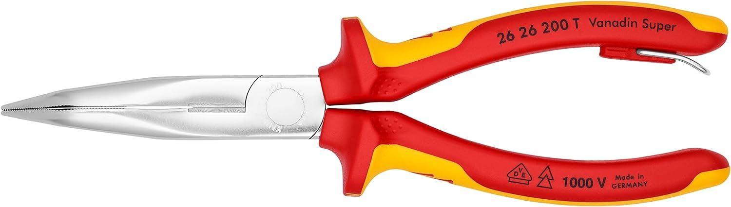 KNIPEX Pinza per meccanica - con becchi mezzotondi con tronchese (pinza a becchi di cicogna) in blister cromata isolante con manici, 26 26 200 T BK