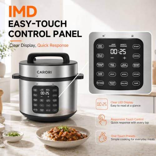 Image of CARORI 8Qt,9-in-1,1200W Electric Pressure Canner, IMD Touchscreen, Non-Stick Pot. Quick, Time-Saving, Healthy. Olla de Presion (Ollas). Safe Venting.Rice,Slow,Steamer, Saute, Warmer, Silver