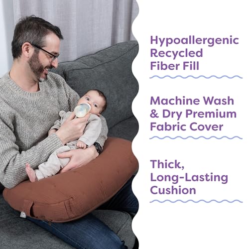 Image of Boppy Nursing Pillow, Cotton Muslin Ergonomic Breastfeeding Support Pillow | Bottle & Breastfeeding Pillow, High Lift & Firm Support, Water-Resistant, Washable Cotton Muslin Cover - Chestnut