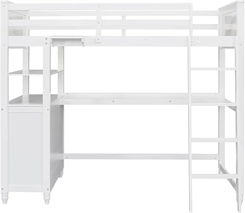 Miniatura 94 de Quarte Cama alta multifuncional, cama alta tamaño matrimonial con escritorio integrado y estantes de almacenamiento, dos cajones y escalera de