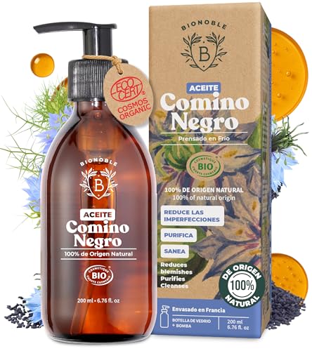 BIONOBLE Aceite de Comino Negro Bio 100% Puro, Natural, Prensado en Frío - Aceite Comino Negro Antiacné, Purificante - Black Seed Oil Rostro, Cuerpo, Cabello - Botella de Vidrio y Bomba - 200ml
