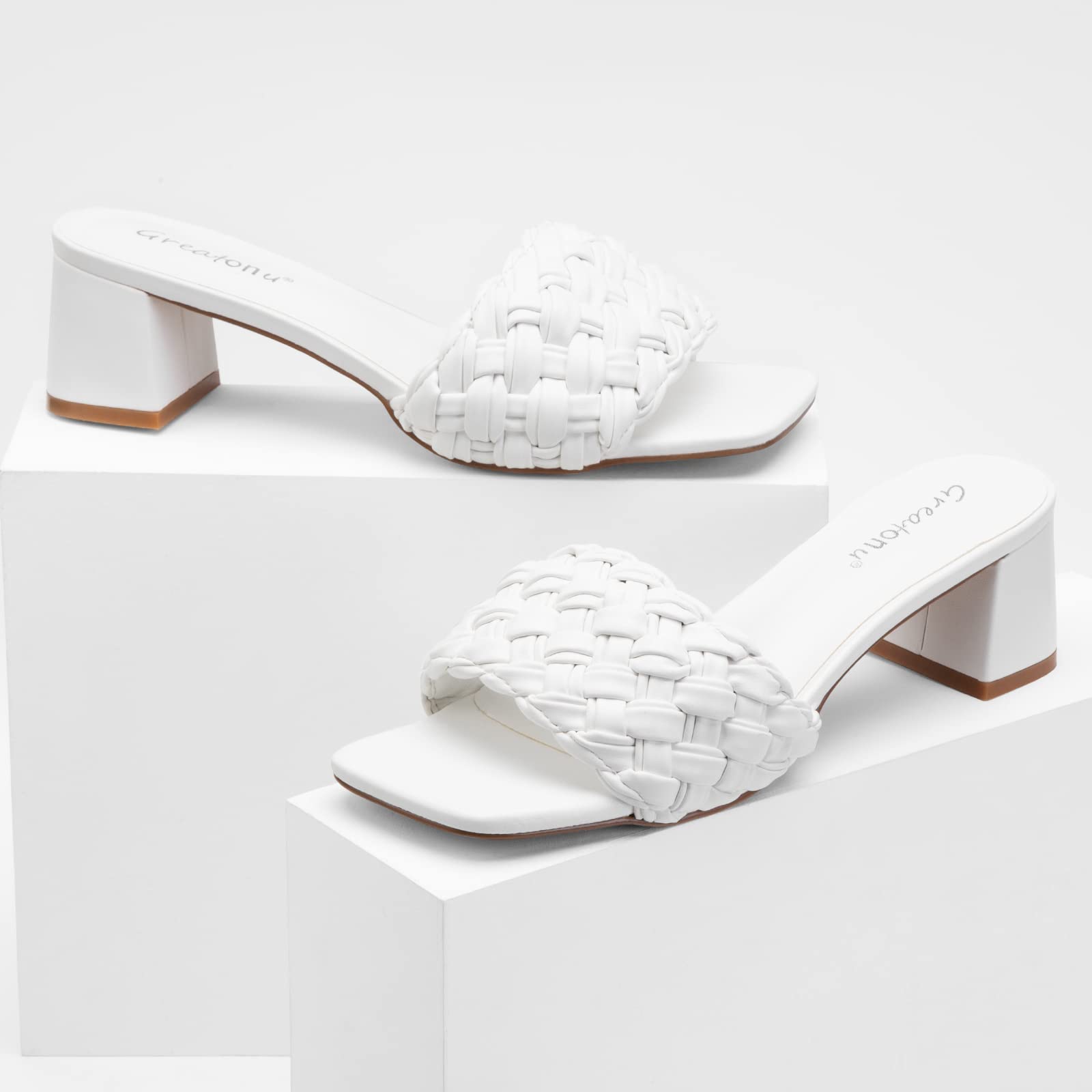Greatonu Women's Braided Sandals with Block Heel Square Open Toe Mules Heels Summer Dressy Shoes for Women