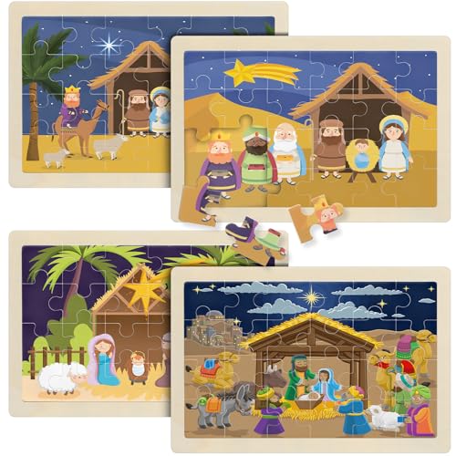 Halloscume 4 Pack Christmas Wooden Jigsaw Puzzles for Kids 24 Piece Jesus Nativity Theme Jigsaw for Preschool Christmas Toys, Educational Safe Toddler Gift
