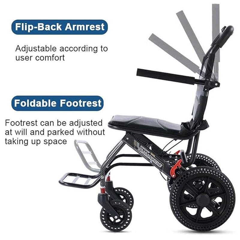 Foldable Wheelchair for Adults, Lightweight Travel Wheelchair, Aluminum Alloy Frame, Carbon Fiber Print, 12 Inch Honeycomb Wheels