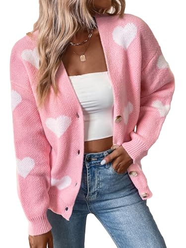 SHENHE Women's Button Down Cardigan Cute Heart Print V Neck Soft Cardigan Sweater Coat