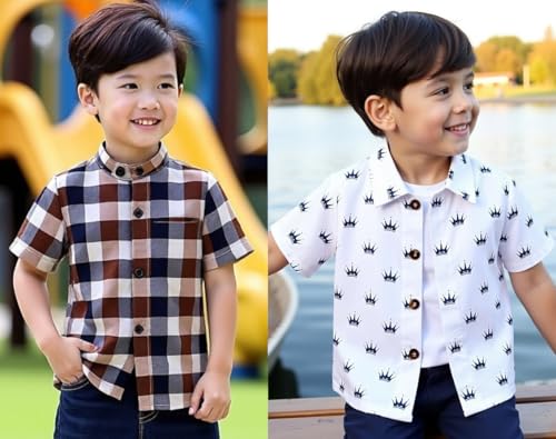 Image of Boys Short Sleeve Button Down Shirts, Plaid and Striped Pattern, Cotton Casual Tops, Pack of 2