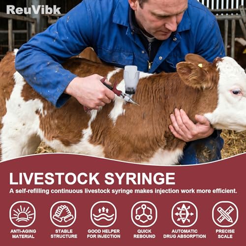 Image of 5ML Livestock Syringe Gun, Automatic Self Refill Injection Gun Continuous Adjustable Bottle Attachment Livestock Animal Syringe with 10 Needles, for Chicken, Duck, Pig, Sheep, Cow Poultry (Rose Red)