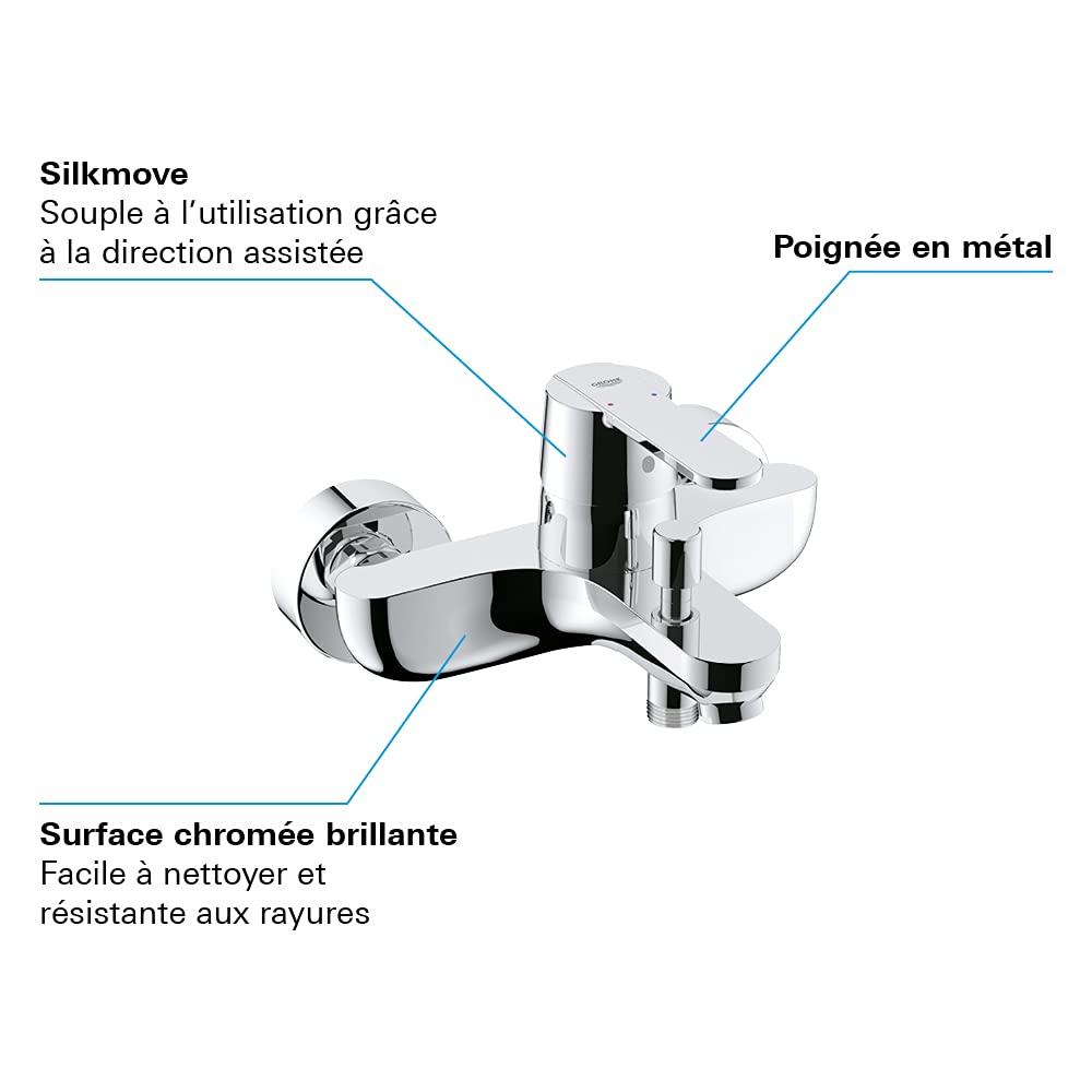 GROHE Get Mitigeur Monocommande Bain/Douche avec Inverseur Automatique (Apparent Montage Mural, Levier Métallique, Cartouche Céramique 46 mm, Protection Contre le Retour d’Eau), Chrome, 32887000