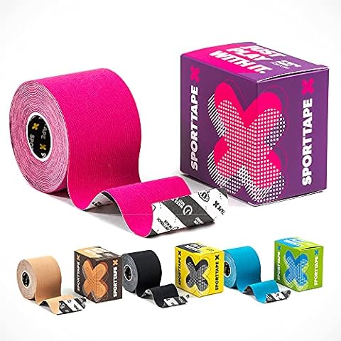 SPORTTAPE Kinesiology Sports Tape - 5m Roll - Pink | Physio & Sports Injury Muscle Tape for Shoulder, Knee, Ankle Shin Splints Support. Waterproof & Hyopallergenic Kinetic Tape Cover