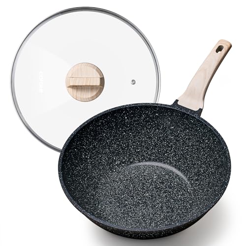 CAROTE Non Stick Wok with Lid 12''/5.3QT Woks & Stir-fry Pans Nonstick Granite Wok Pan Induction...