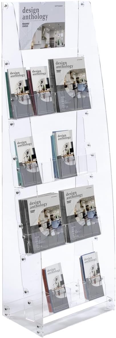 Displays2go 4-Tiered Recycled Acrylic Literature Floor Stand, 4"/8.5" w, 8/16 Pockets – Clear