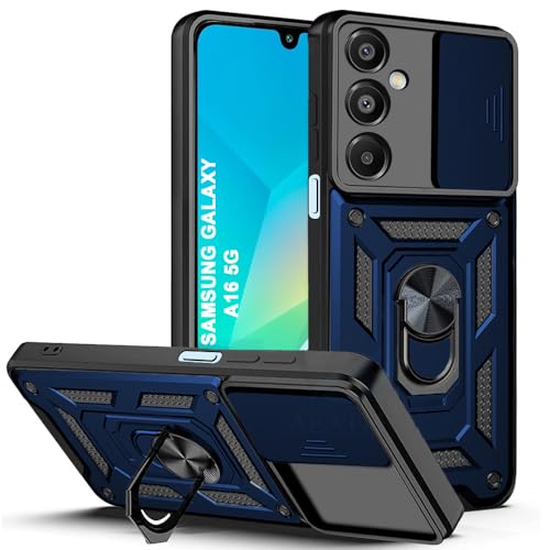 Image of AESTMO Tough Armor Samsung Galaxy A16 5G Bumper Back Case Cover | Ring Holder & Sliding Camera Shield Cover | 360 Degree Protection Back Case Cover for Samsung Galaxy A16 (Blue)