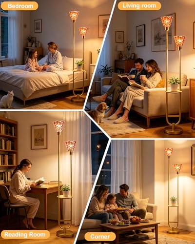 Image of Lightdot Modern Glass Floor Lamp with Shelf 2-Lights Gold Standing Tall Lamps with Pomegranate Red Shell Glass Shade, LED Floor Lamp with Foot Switch for Living Room Bedroom Home Decor