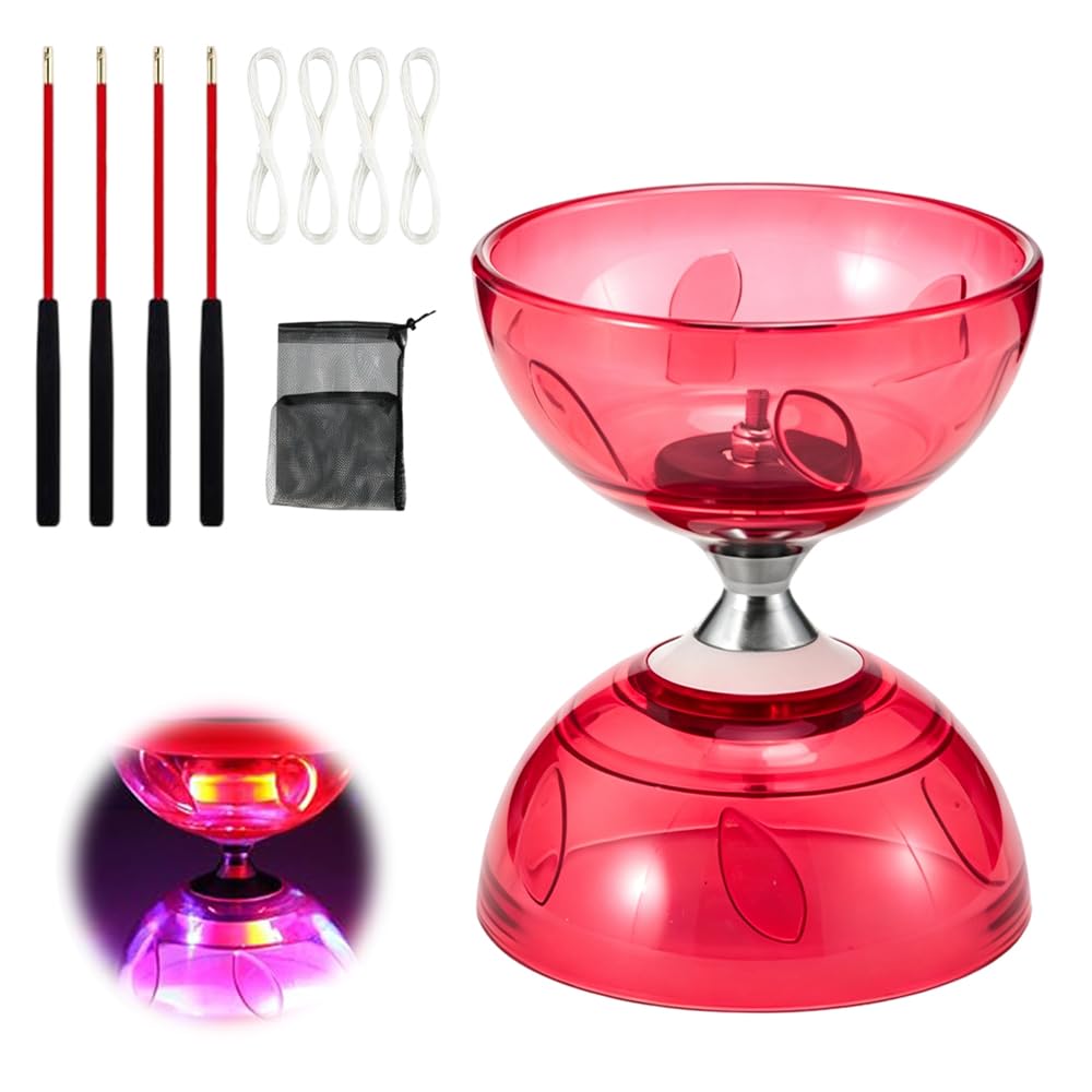 JYQOQH LED Triple Bearing Diabolo Set, With 2 Pairs of Sticks, 4 Rope, Red