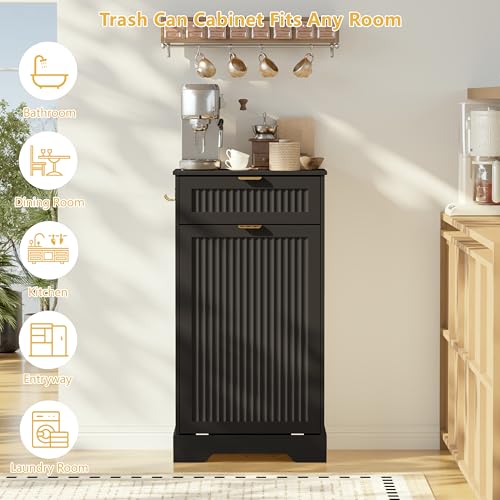 Image of Single 13 Gallon Tilt Out Trash Can Cabinet,Garbage Cabinet with Drawer | Hidden Garbage Storage with Fluted Design, Drawer & Hooks for Kitchen, Dining Room and Small Space Organization,Black