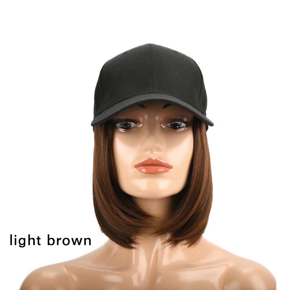 LaLuLoLi Light Brown Short Straight Bob Wig with Hat Wig 9" Short Synthetic Hair Extensions Hairpiece with Attached Adjustable Black Baseball Cap for Women Girl - Image 3