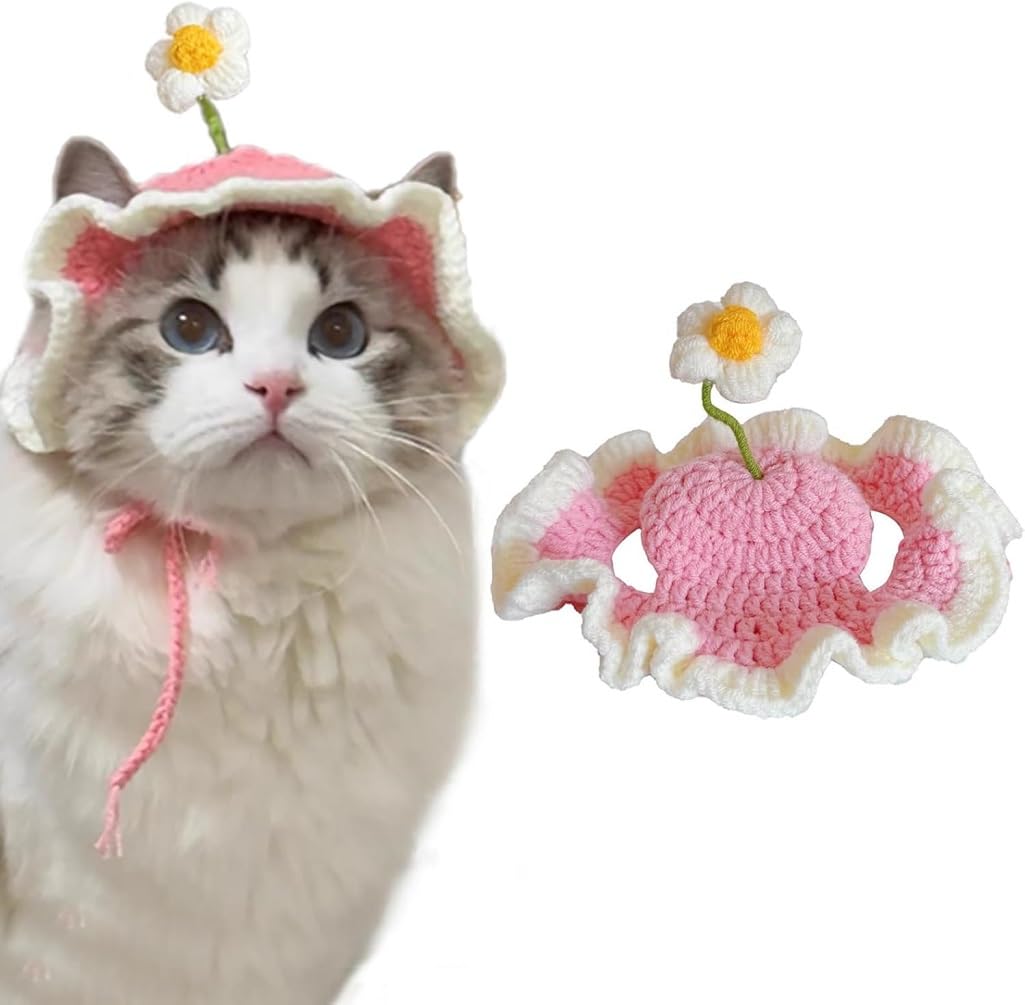 Amazon | 猫帽子 花の帽子 ペットの可愛いニットハット (ピンク, S